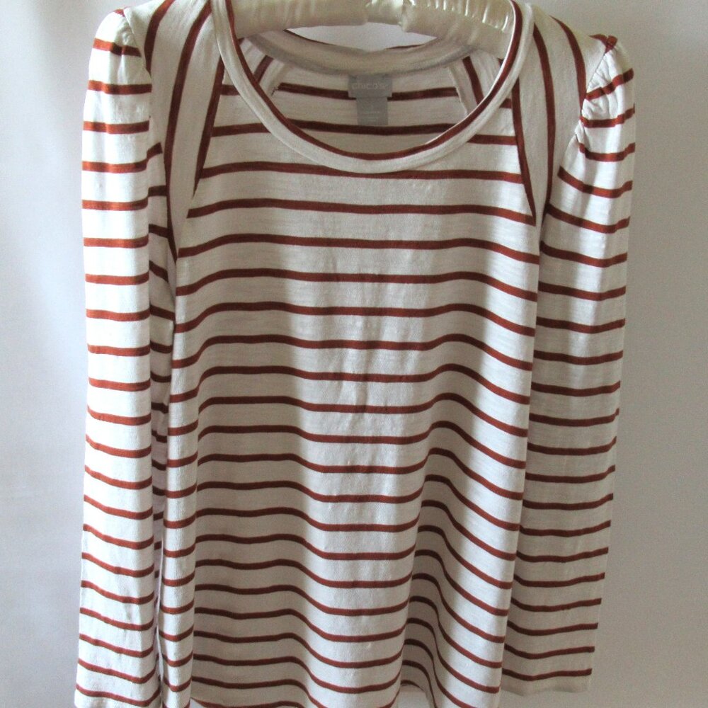Chico's white brown striped scoop neck puff long sleeve tee *Sz 1(S)*